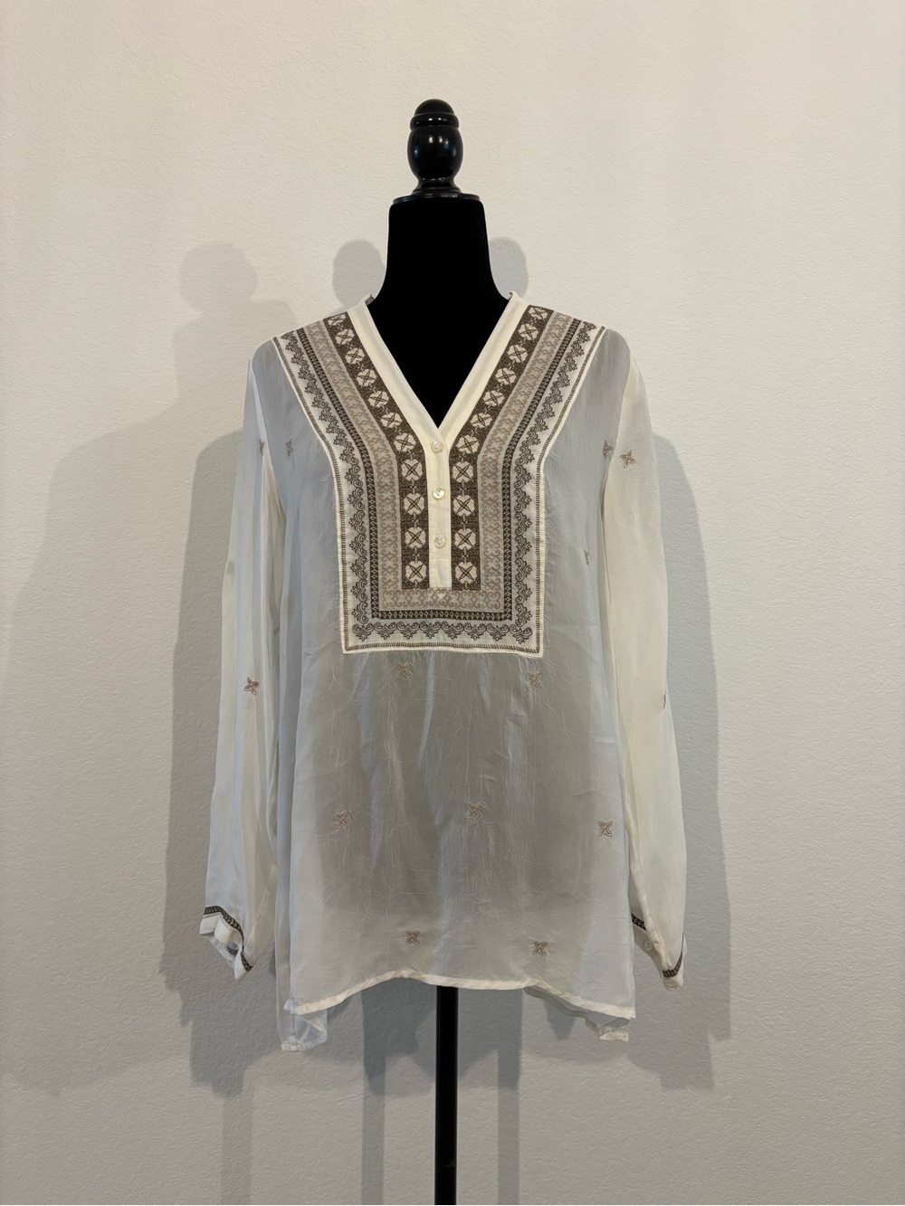 J. Jill Ivory Sheer Tunic with Taupe Embroidered V-Neck